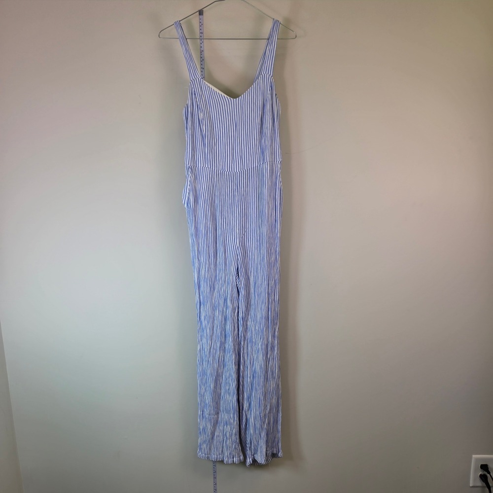 Market & Spruce Blue White Striped Wide Leg Jumpsuit Smocked Back Pockets Medium